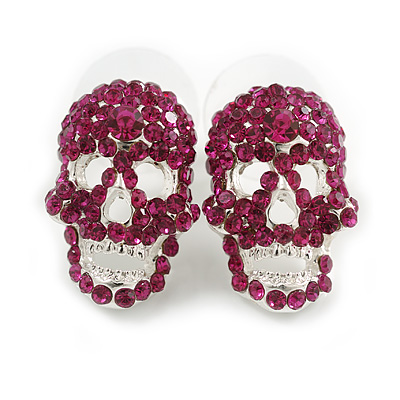 Fuchsia Crystal Skull Stud Earrings In Silver Tone - 20mm Tall