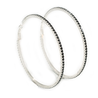 Oversized Slim Black Crystal Hoop Earrings In Silver Tone - 75mm Diameter