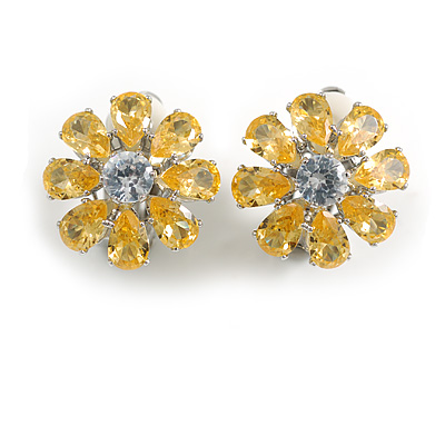 Yellow Citrine/Clear Cz Flower Clip On Earrings in Silver Tone - 17mm Diameter