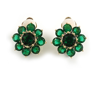 Green Cz Flower Clip On Earrings in Gold Tone - 15mm Diameter