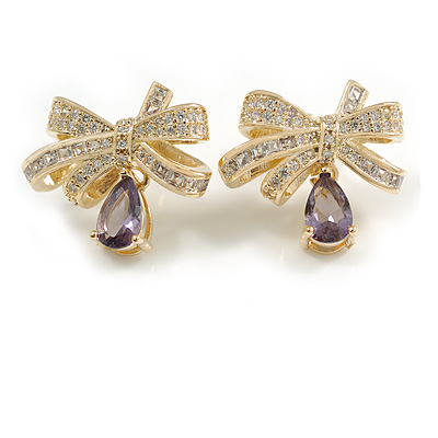 Gold Plated Clear/Amethyst CZ Bow Stud Earrings - 20mm Across