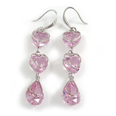 Multi Heart Pink Glass Drop Earrings in Rhodium Plating - 55mm Long