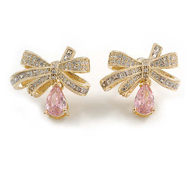 Gold Plated Clear/Pink CZ Bow Stud Earrings - 20mm Across