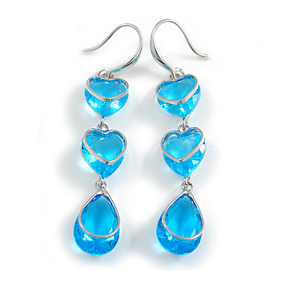 Multi Heart Blue Glass Drop Earrings in Rhodium Plating - 55mm Long