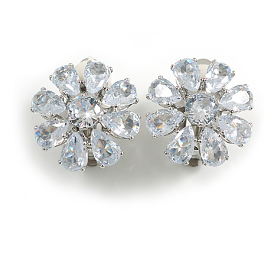 Clear Cz Flower Clip On Earrings in Silver Tone - 17mm Diameter