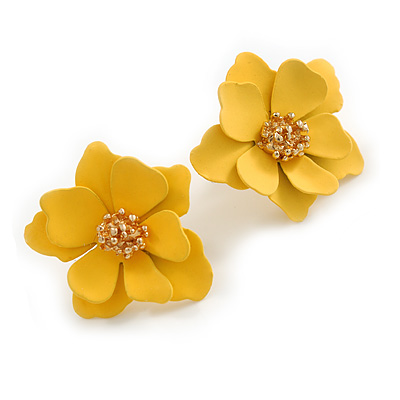 Matte Yellow Layered Daisy Flower Stud Earrings in Gold Tone - 25mm Across