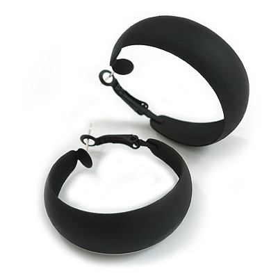 40mm D/ Wide Black Hoop Earrings in Matt Finish - Medium Size