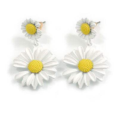 Matt White/Yellow Daisy Flower Drop Earrings - 40mm L