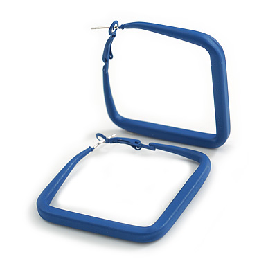 45mm D/ Slim Blue Square Hoop Earrings in Matt Finish - Large Size