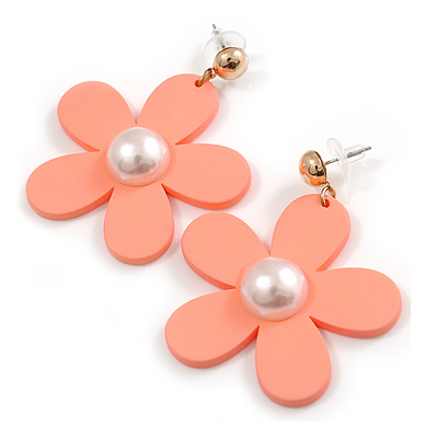 Coral Acrylic Flower Drop Large Earrings - 55mm L
