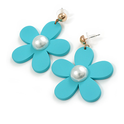 Cyan Blue Acrylic Flower Drop Large Earrings - 55mm L