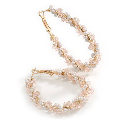 Large Light Pink/White Beaded Oval Hoop Earrings in Gold Tone - 50mm Tall
