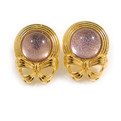 Gold Tone Round Pink Acrylic Bead with Bow Motif Stud Earrings - 30mm Tall