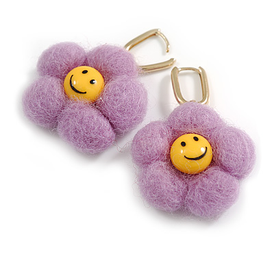 Lavender Cotton Flower Drop Earrings in Gold Tone - 50mm L