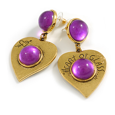 Romantic Heart with Purple Glass Bead Drop Earrings in Gold Tone - 55mm Long