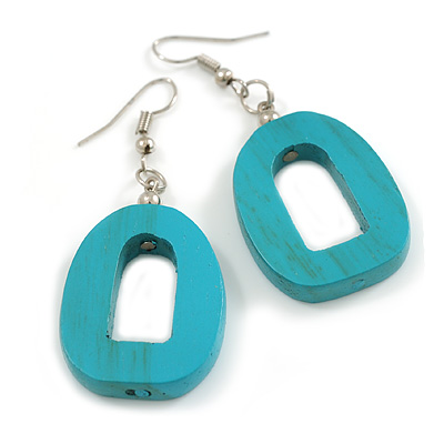 Turquoise Wood O-Shape Drop Earrings - 55mm L