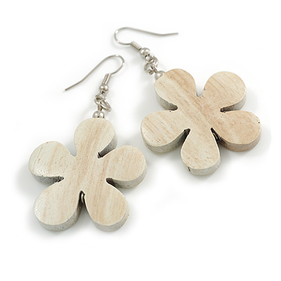 White Wood Flower Drop Earrings - 60mm L