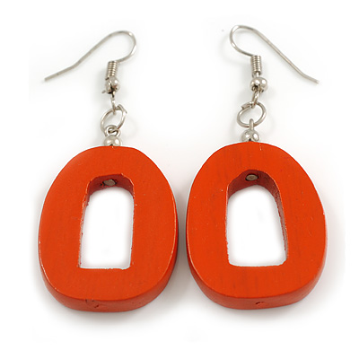 Orange Painted Wood O-Shape Drop Earrings - 60mm L