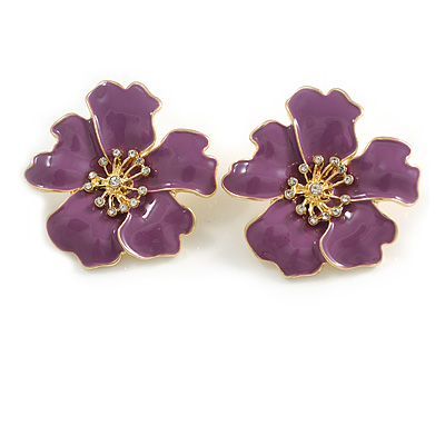 Large Purple Enamel with Clear Crystal Daisy Stud Earrigns in Gold Tone - 35mm Diameter