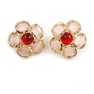 Pink Acrylic Daisy Flower Stud Earrings in Gold Tone - 25mm Diameter