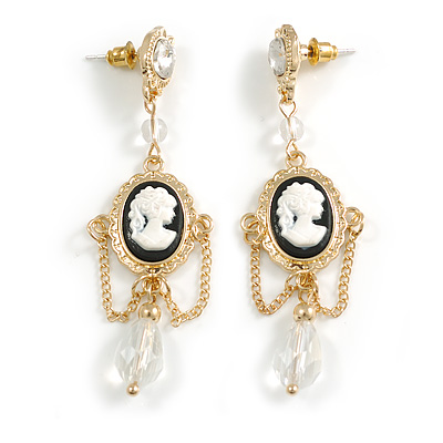 Victorian Style Chain and Beads Cameo Dangle Earrings in Gold Tone - 65mm Long