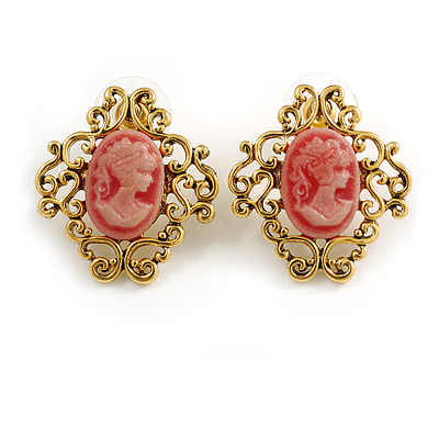 Vintage Inspired Acrylic Cameo Motif Stud Earrings in Gold Tone Metal - 25mm Tall