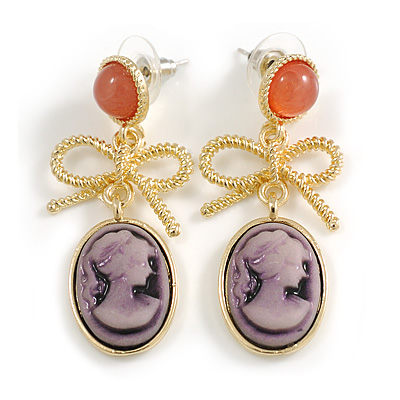 Oval Purple Acrylic Cameo with Bow Element Drop Earrings in Gold Tone - 45mm L