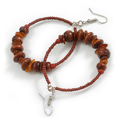 Large Brown Glass/ Shell/ Wood Bead Hoop Earrings In Silver Tone/ 75mm Long