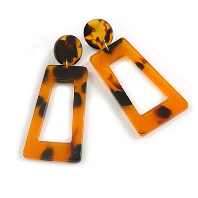 Tortoise Shell Effect Brown Geometric Acrylic Drop Earrings/ 60mm Long