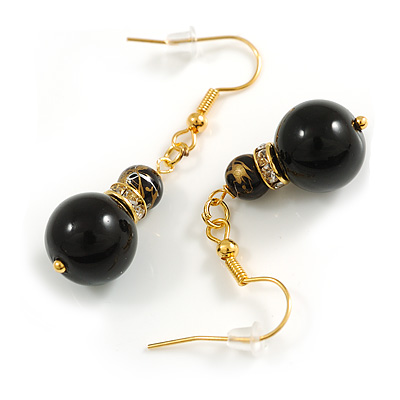 Black/Gold Glass Double Bead with Crystal Ring Drop Earrings in Gold Tone - 45mm Long