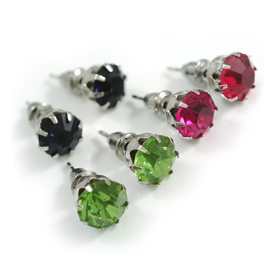 8mm Set Of 3 Round Jewelled Stud Earrings In Silver Tone Dark Blue/ Green/ Fuchsia