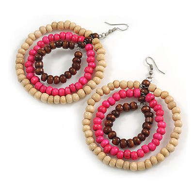 70mm Diameter/Oversized Triple Hoop Wood Bead Earrings in Natural/Pink/Brown Colours - 90mm Long
