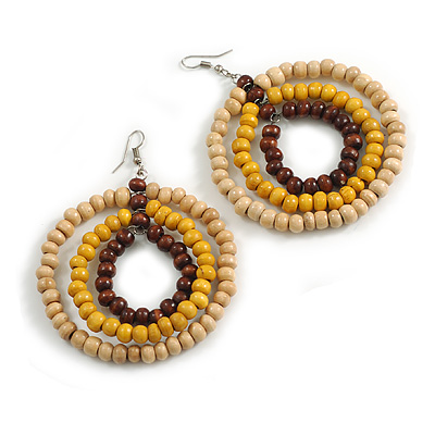 70mm Diameter/Oversized Triple Hoop Wood Bead Earrings in Natural/Yellow/Brown Colours - 90mm Long