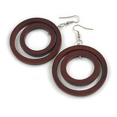 50mm D/Brown Double Circle Wood Hoop Earrings - 75mm Long