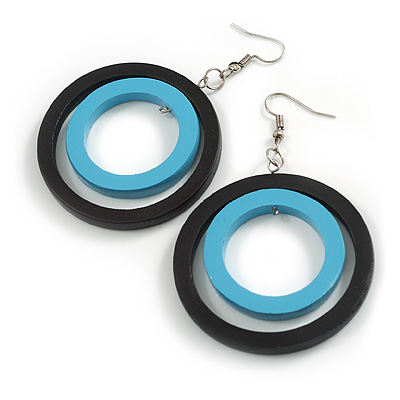 50mm D/Black/Light Blue Double Circle Wood Hoop Earrings - 75mm Long