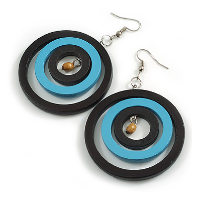 50mm D/Black/Turquoise Blue Wood Triple Hoop Earrings - 75mm Drop
