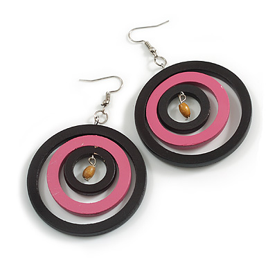 50mm D/Black/Pink Wood Triple Hoop Earrings - 75mm Drop
