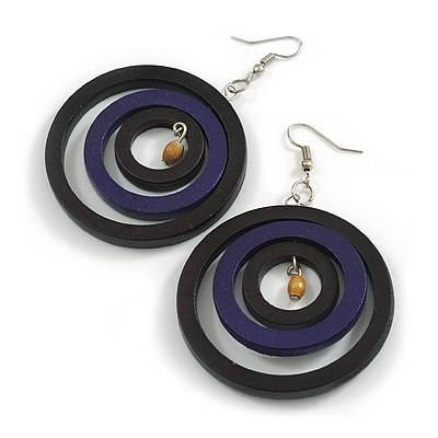 50mm D/Black/Purple Wood Triple Hoop Earrings - 75mm Drop