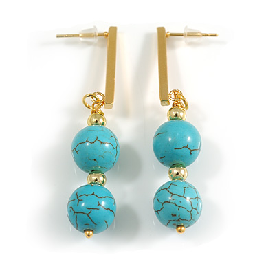 Turquoise Stone with Gold Tone Bar Drop Earrings - 50mm Long
