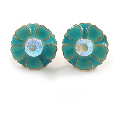 15mm D/ Teal Green Enamel Flower Stud Earrings in Gold Tone