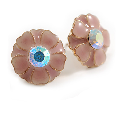 15mm D/ Ash Rose Enamel Flower Stud Earrings in Gold