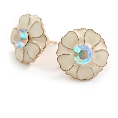 15mm D/ Cream Enamel Flower Stud Earrings in Gold Tone