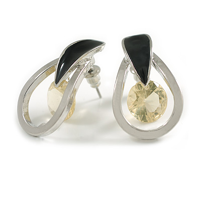 Teardrop with Yellow Crystal with Black Enamel Detailing Stud Earrings In Silver Tone - 30mm L