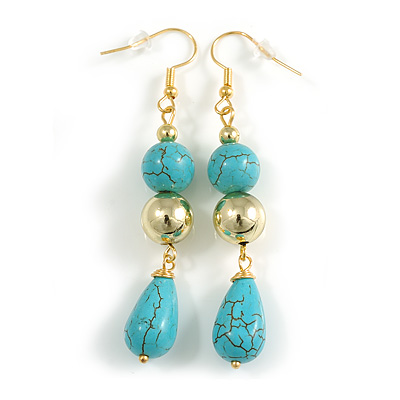 Long Turquoise and Gold Bead Drop Earrigns in Gold Tone - 70mm