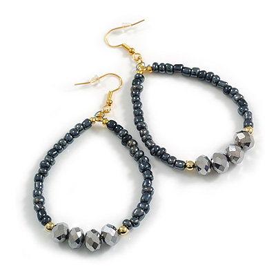 Large Oval Grey Glass Hoop Drop Earrings - 80mm Long