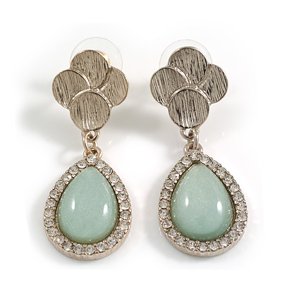 Teardrop Pale Green Glass/Clear Crystal Dangle Earrings in Light Gold Tone Metal - 45mm Long