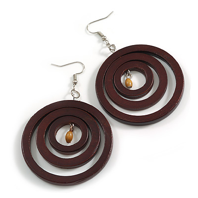 50mm D/Brown Wood Triple Hoop Earrings - 75mm Drop