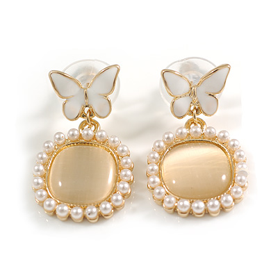 Butterfly with Square Cat's Eye Stone Pearl Bead Drop Earrings in Gold Tone - 28mm Long