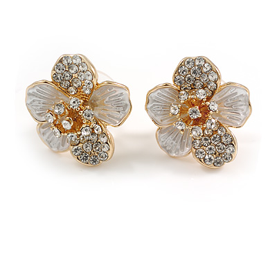 Small Crystal Daisy Flower Stud Earrings in Gold Tone - 15mm Across