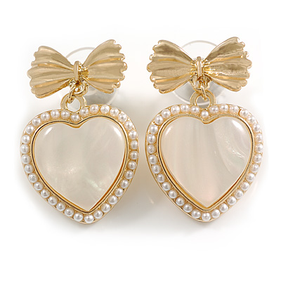 Romantic Pearl Heart with Bow Dangle Earrings in Gold Tone - 30mm Long